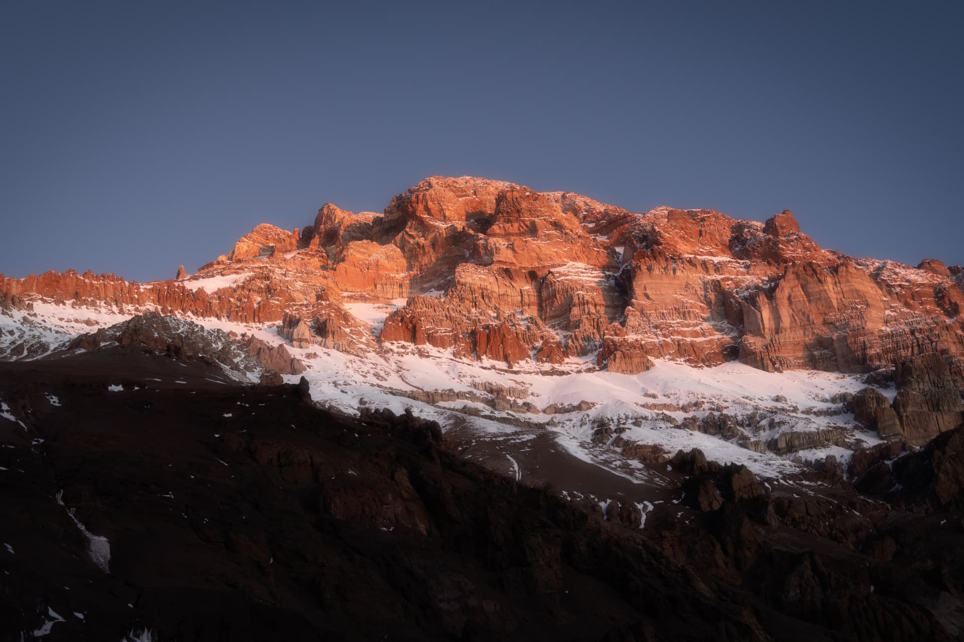 Drone image of Leonardo Avezzano walking through a plateau on Aconcagua