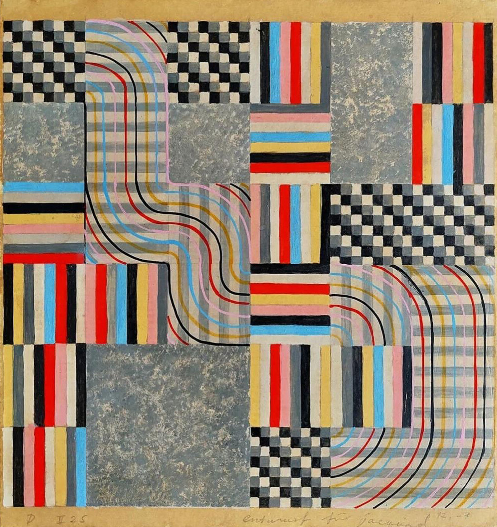 A design study on paper of striped and checkered colour fields joined by undulating lines