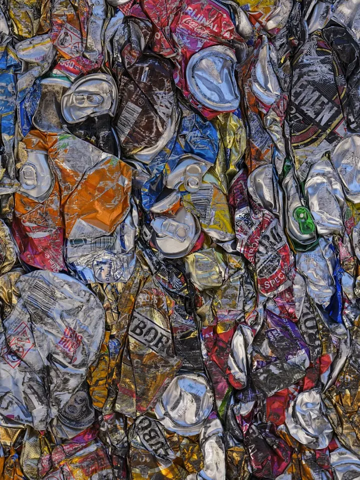 Bales of crushed aluminum cans at a recycling center